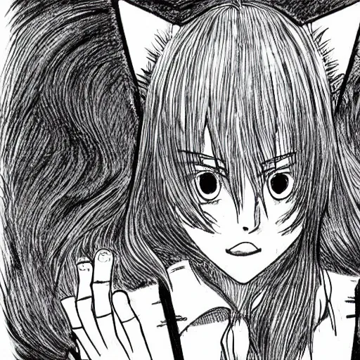 Image similar to a manga cat, anime, drawn by Junji Ito