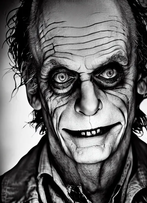 Prompt: photo of Christopher Lloyd as the Joker by Eolo Perfido and Lee Jeffries, smile, head shot, detailed, award winning, Sony a7R