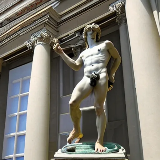 Prompt: David by Michelangelo but David’s face is replaced with Waluigis face from nintendo