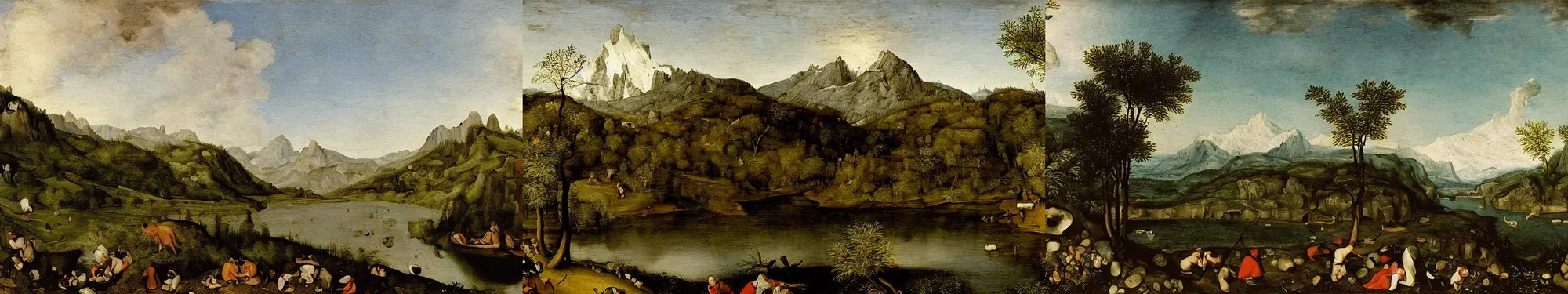 Prompt: lakeside mountains, by brueghel the elder