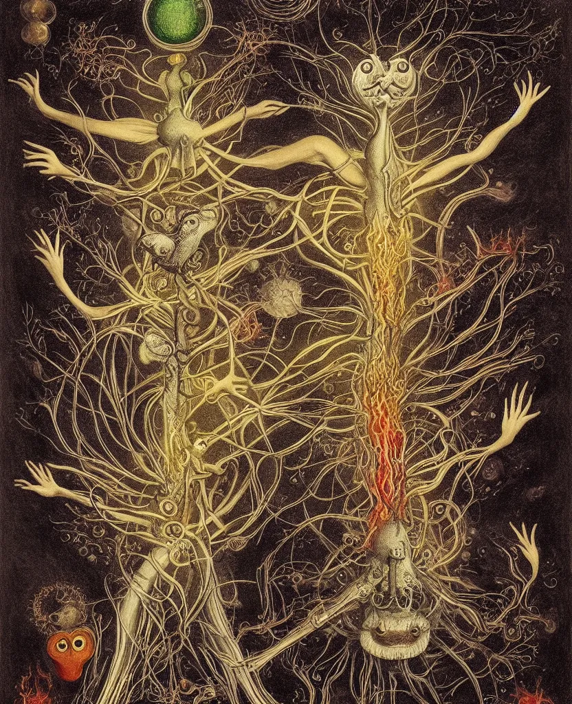 Image similar to whimsical freaky creature sings a unique canto about'as above so below'being ignited by the spirit of haeckel and robert fludd, breakthrough is iminent, glory be to the magic within, painted by ronny khalil