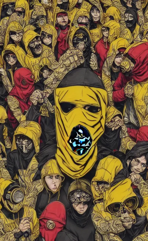 Image similar to saints gang, yellow red hoodie, group photo, punk art, warehouse, weapon, drugs, flex box position, yellow bandana, gasmask, saints mask, fiction, stability, intricate, elegant, 8 k, uhd, justify, artstation, concept art, matte, sharp focus, illustration, consistent, highly detailed object content, proportional object content