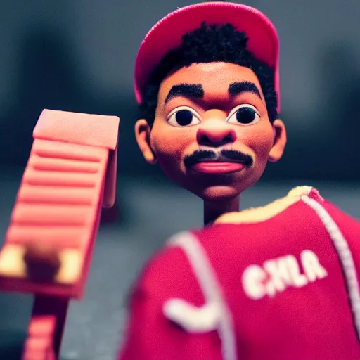 Image similar to a cinematic film still of a claymation stop motion film starring chance the rapper as a college student, shallow depth of field, 8 0 mm, f 1. 8