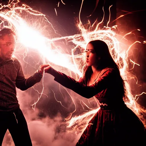 Image similar to action photography of a man and a woman fight in a magic duel. the man uses a black magic spell causing intense flames. the woman used a spell of white magic causing an avalanche of many bursts of light. several mirrors surround them and reflect their fight. atmosphere of intense pressure.