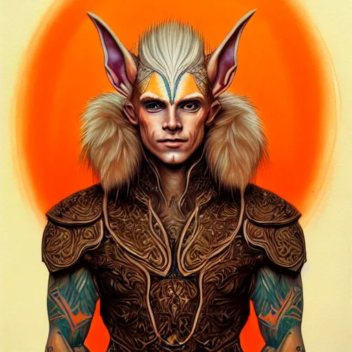 Image similar to portrait painting of an elven young man with short light orange hair and tribal tattoos on his face wearing fur armor, sharp focus, award - winning, trending on artstation, masterpiece, highly detailed, intricate. art by terese nielsen