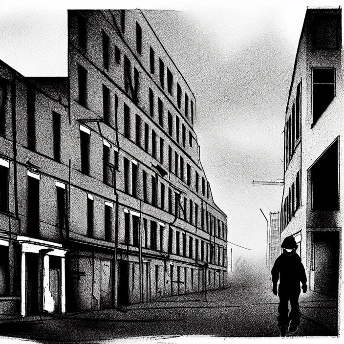 Image similar to [ sadie sink in dirty workmen clothes walks ] next to [ a long street with newcastle terraced housing ]. background : factory, dirty, polluted. technique : black and white pencil and ink. by gabriel hardman, joe alves, chris bonura. cinematic atmosphere, detailed and intricate, perfect anatomy