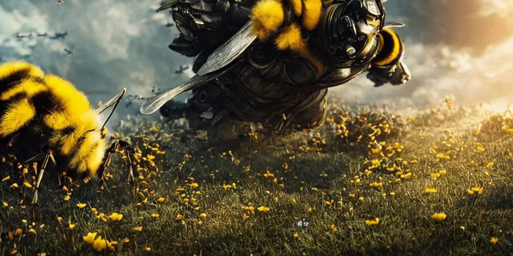 Prompt: HUGE BUMBLEBEE VERSUS THE EARTH, realistic 4k octane beautifully detailed render, 4k post-processing, highly detailed, intricate complexity, epic composition, magical atmosphere, cinematic lighting, masterpiece, ultra hd