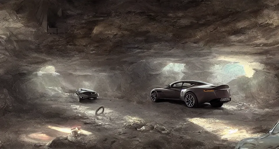 Image similar to Aston Martin in modern cave Next to the pool,digital art,ultra realistic,ultra detailed,art by greg rutkowski