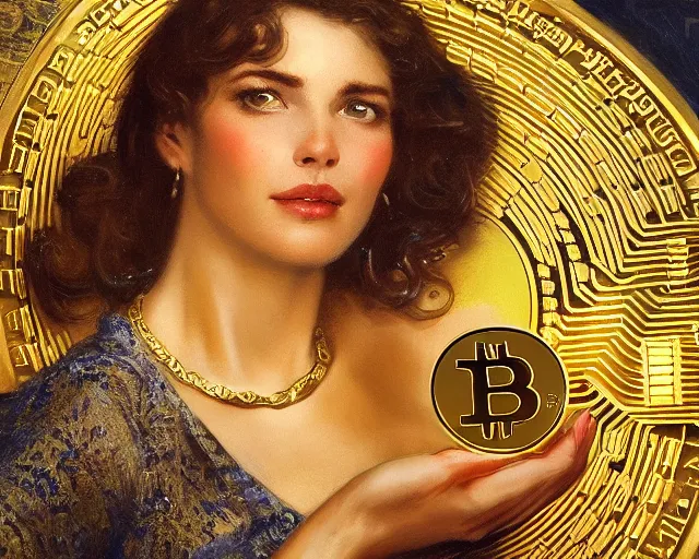 Image similar to attractive woman holding a golden bitcoin, commercial by annie liebovitz, gaston bussiere, craig mullins, j. c. leyendecker