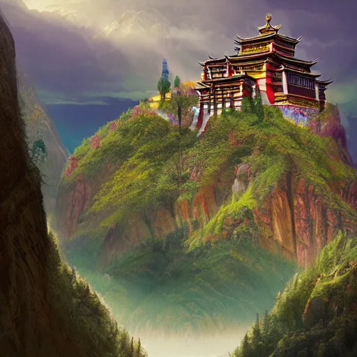 Image similar to tibetan palace carved into a mountain side, big green trees, colorful clouds, dramatic lighting, artstation, matte painting, raphael lacoste, simon stalenhag, frank lloyd wright