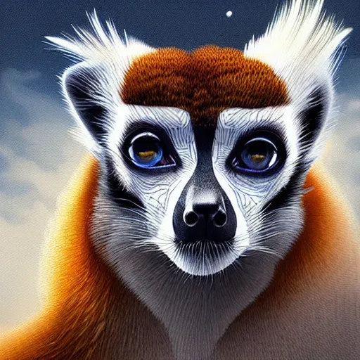 Image similar to geometric lemur, moon in the background, intricate, elegant, highly detailed, digital painting, artstation, concept art, smooth, sharp focus, illustration, art by artgerm