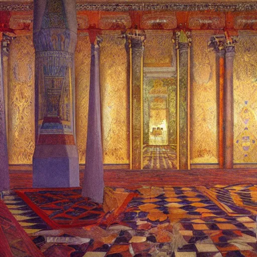 Image similar to a painting of a throne room , tiled floor a raytraced image by Mikalojus Konstantinas Čiurlionis, by Edward Okun, metaphysical painting, hall of mirrors, egyptian art, concept art