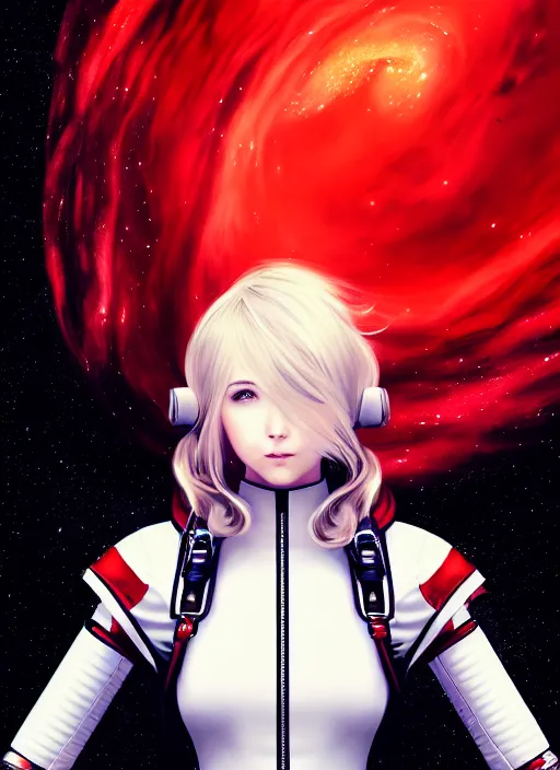 Prompt: highly detailed portrait of a hopeful pretty astronaut lady with a wavy blonde hair, by Albert Lynch, 4k resolution, nier:automata inspired, bravely default inspired, vibrant but dreary but upflifting red, black and white color scheme!!! ((Space nebula background))