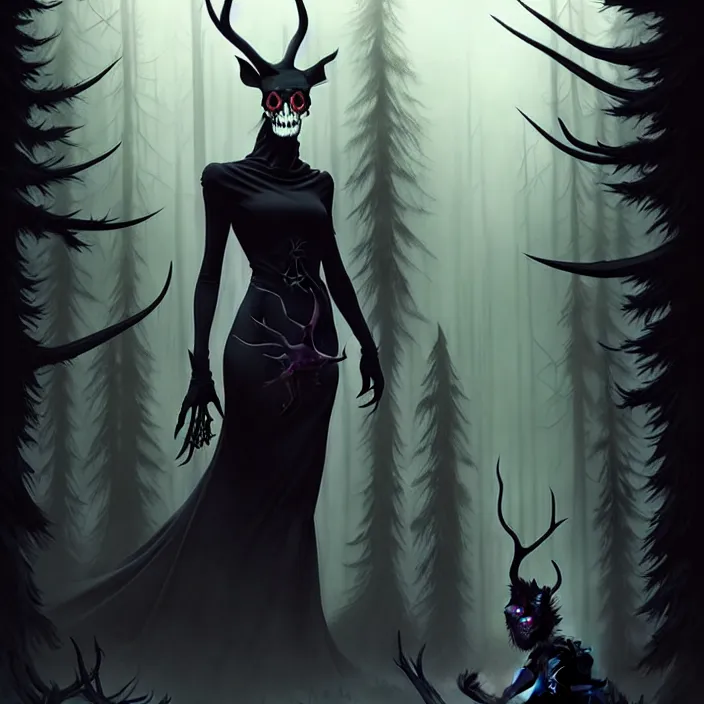 Prompt: style artgerm, joshua middleton, diego fazio, gerald brom, scary wendigo with antlers and skull face mixed with werewolf : : [ beautiful witch wearing a black dress on the right side ] : : in the forest, detailed, dark and foggy, cinematic lighting