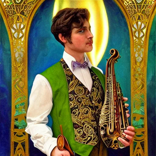 Prompt: stunning, breathtaking, awe-inspiring award-winning concept art nouveau painting of a well dressed bard wearing a green vest with intricate gold patterns surrounded by musical notes made of light energy, by John Avon, extremely moody lighting, glowing light and shadow, atmospheric, cinematic, 8K