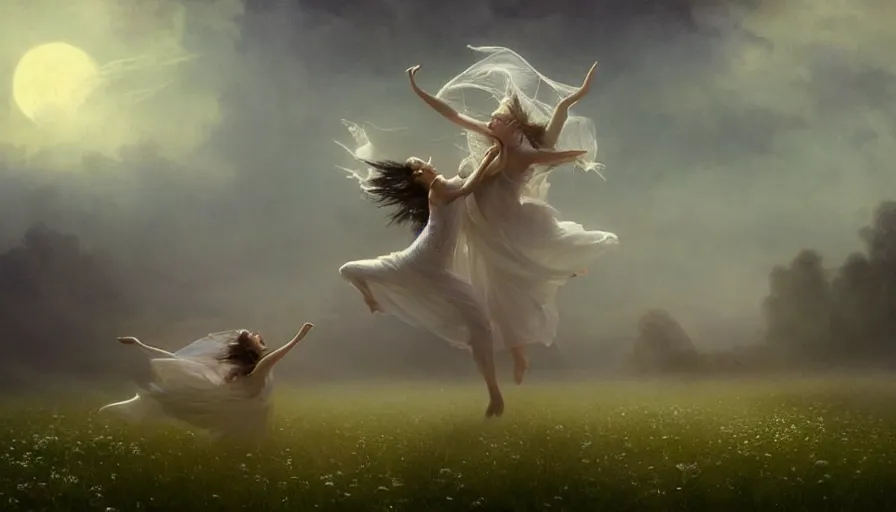 Image similar to dancers in white lit only by the moon, dancing across a flower meadow the twilight dance of the fae by aleksi briclot, greg rutkowski and ivan aivazovsky, contemporary dancers dancing artistic photography movement photorealistic volumetric cinematic light, award - winning, atmospheric fantasy sky