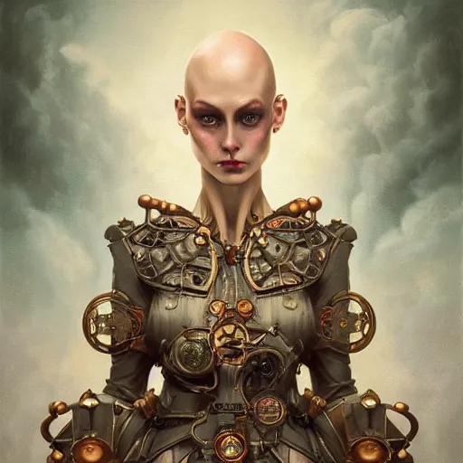 Image similar to tom bagshaw, curiosities carnival, soft paint of a single bald beautiful female in a full steampunk armor, rabbit - ear helm ornate, symmetry accurate features, focus, very intricate ultrafine details, award winning masterpiece