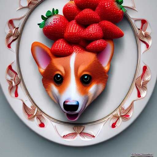 Image similar to corgi with strawberry skin, in strawberry jam : ornate, dynamic, particulate, intricate, elegant, highly detailed, centered, artstation, smooth, sharp focus, octane render