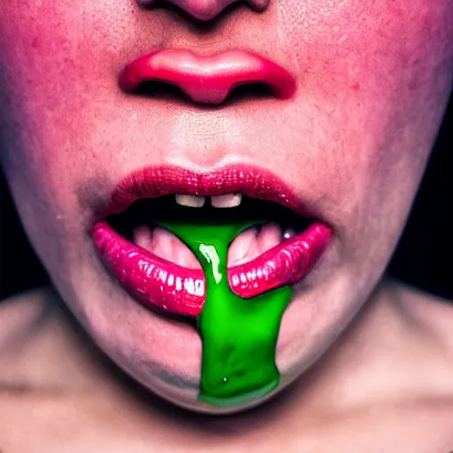 Prompt: medium shot open human mouth with thick viscous green slime oozing out, thick red lips, human staring blankly ahead, melancholy, unsettling, art house film aesthetic, color grain 3 5 mm, hyperrealism, 8 k, high detail, sharp focus, masterpiece, moma, contemporary art, photography