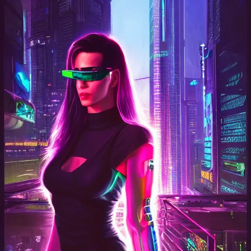 Image similar to epic portrait of cyberpunk Carpenter Charisma wearing mirrorshades, Night City, cyberpunk 2077, neon megacity in the background, angry and bored, illustration, soft lighting, soft details, painting oil on canvas by mark arian by artgerm, trending on artstation, 4k, 8k, HD