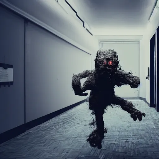 Prompt: a monster chasing you in the backrooms, horror, creepy, motion blur