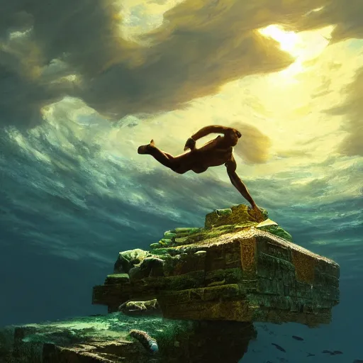 Image similar to man diving next to underwater box of treasure, beautiful dynamic lighting, cinematic, wide angle establishing shot, extremely high detail, photo realistic, cinematic lighting, post processed, concept art, artstation, matte painting, style by frederic church, raphael lacoste, unreal engine 8k