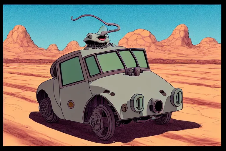 Prompt: a study of a cell shaded cartoon of a grey mechanized snake from howl's moving castle ( 2 0 0 4 ), on a desert road, full body, wide shot, very muted colors, post grunge, studio ghibli, laurie greasley, highly detailed, deviantart, art by artgem