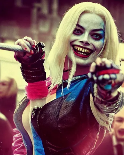 Image similar to gorgeous suicide squad margot robbie that looks like harley quinn, long blonde hair and big eyes, beautiful smile, finely detailed perfect face, standing on the wet street at sunset, a movie directed by christopher nolan, movie still frame, promotional image, imax 7 0 mm footage