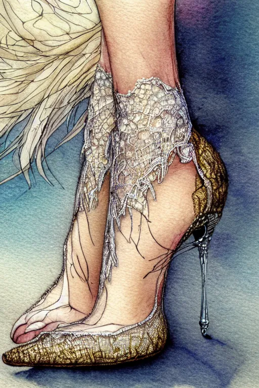 Image similar to realistic closeup of foot in crystal high heel shoe surrounded by lace fabric, fantasy art, trending on artstation, sleeping beauty fairytale, art by luis royo and walter crane and kay nielsen, watercolor illustration,