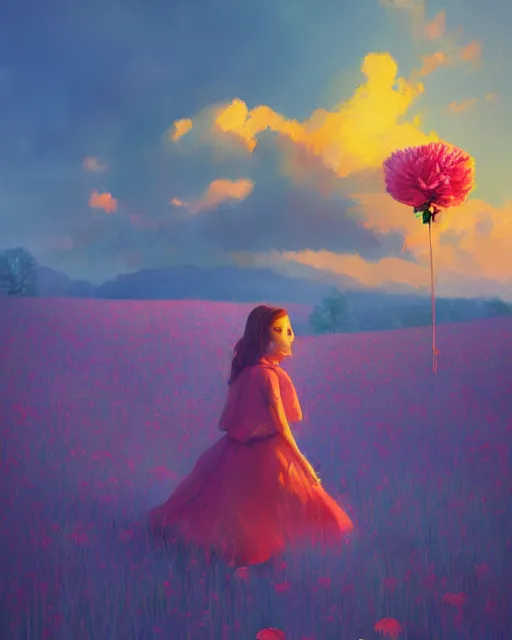 Image similar to girl with a giant carnation head, surreal photography, flower field, sunset dramatic light, impressionist painting, colorful clouds, blue sky, digital painting, artstation, simon stalenhag