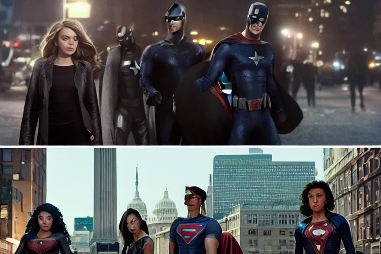Prompt: movie superhero team, DC vs Marvel fashion, VFX powers at night in the city, city street, beautiful skin, natural lighting by Emmanuel Lubezki