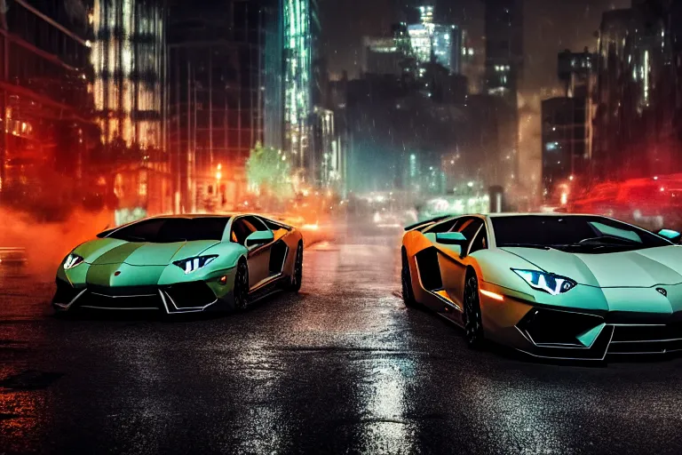 Image similar to a cinematic photograph of a lamborghini aventador driving through a dystopian city street whilst neon lightening strikes on the car, rain falls, ultra realistic, high definition