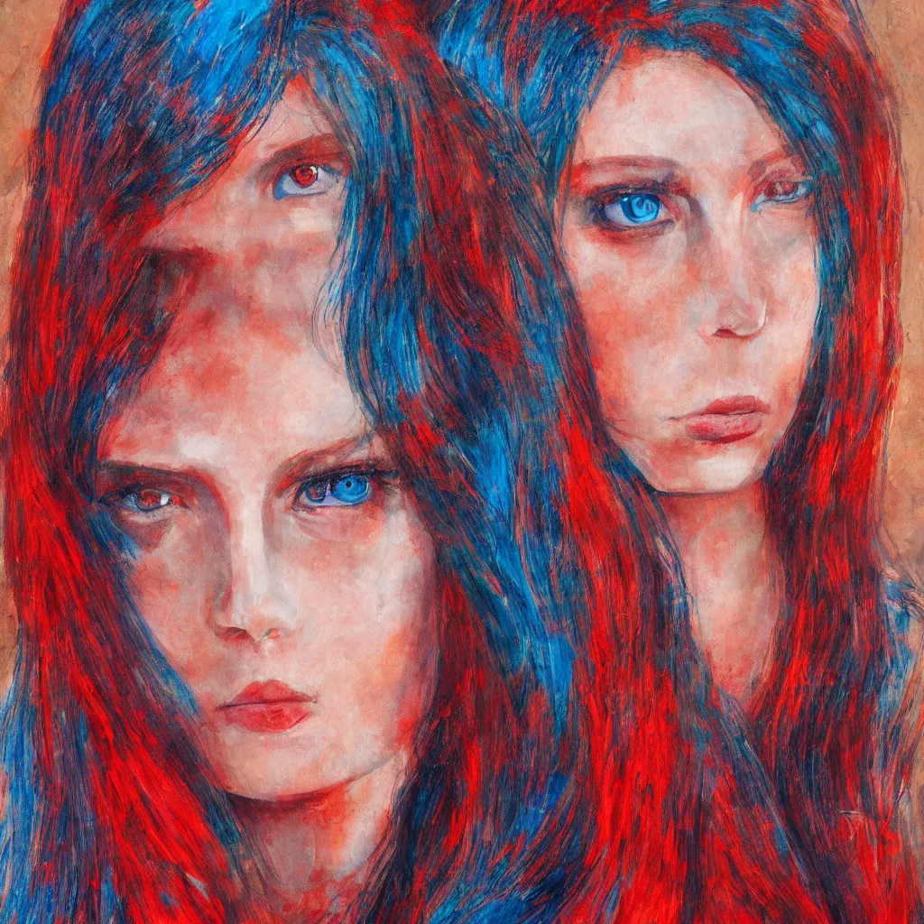 Prompt: a fine portrait paintng of a beautiful woman with blue eyes and red skin, she have mystic power of love and godness