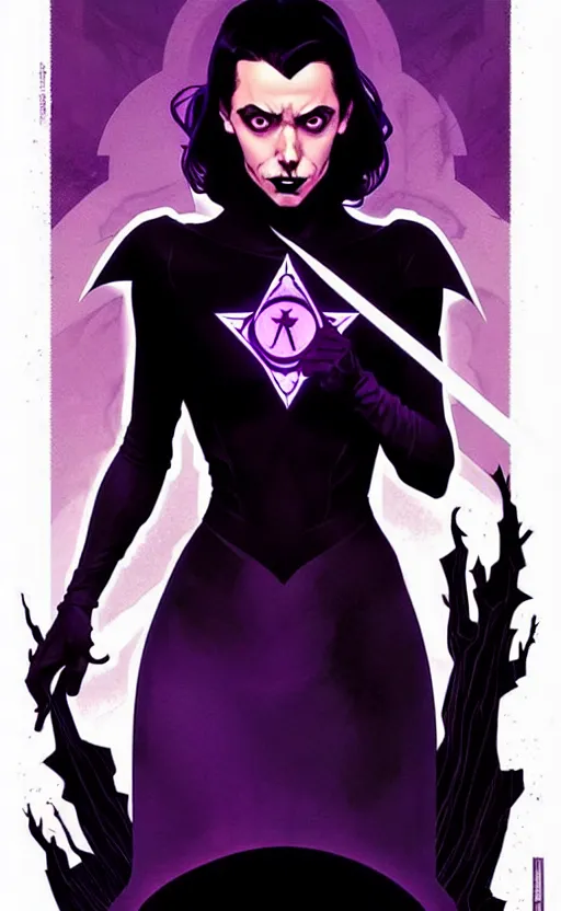 Image similar to rafael albuquerque comic cover art, artgerm, joshua middleton, pretty stella maeve witch doing black magic, serious look, purple dress, symmetrical eyes, symmetrical face, long black hair, full body, twisted evil dark forest in the background, cool colors