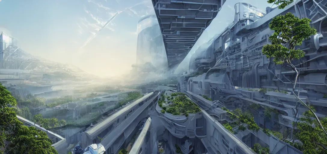 Prompt: highly detailed futuristic factory architecture by Tadao Ando and, reflective lighting, holographic, stylized vegetation, ground-level view, stunning sunny lighting, sunrise, foggy atmosphere, waterfalls, vivid colors, leds, in the style of pixar animation, trending on Artstation, 8k, matte painting, ray tracing, hyper detailed, unreal engine 5, cinematic, epic lighting, cryengine, octane render, cyberpunk, red and orange glow, vibrant