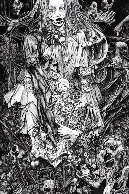 Image similar to zombie Alice in wonderland tarot card , pen and ink, intricate line drawings, by Yoshitaka Amano, Ruan Jia, Kentaro Miura, Artgerm, watercolor