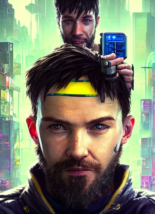 Prompt: portrait of DanTDM as a homeless character in Cyberpunk 2077, looking at camera, intricate, dystopian, sci-fi, extremely detailed, digital painting, artstation, concept art, smooth, sharp focus, illustration, intimidating lighting, incredible art by artgerm and greg rutkowski and alphonse mucha and simon stalenhag