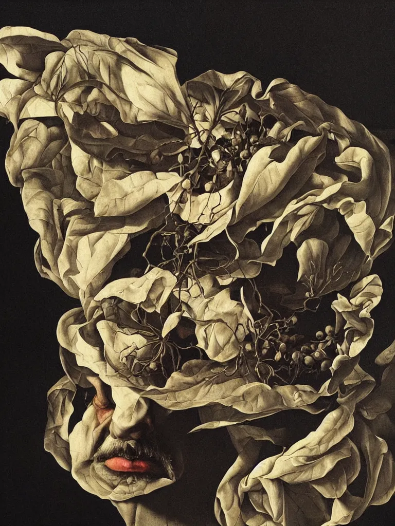 Image similar to hyperrealistic still life painting of a alan watts, by Caravaggio, botanical print, surrealism