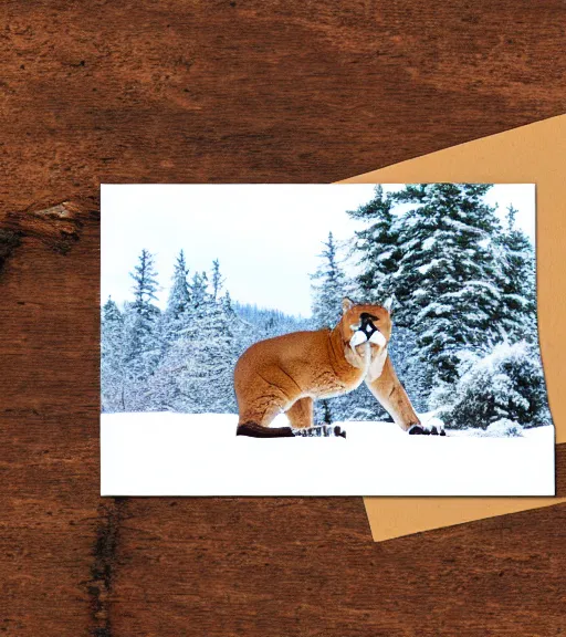 Prompt: ripped up postcard showing 'a cougar sleeping in the middle of snowy pine tree' laying on coffee table, zoomed out shot, HD, iphone capture