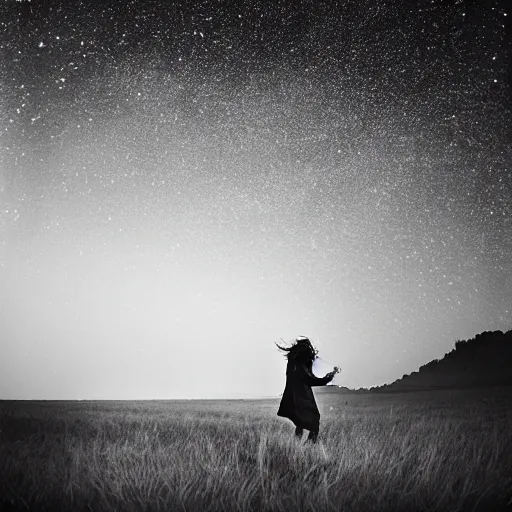 Prompt: A beautiful conceptual art of a woman with long flowing hair, wild animals, and a dark, starry night sky. by Rui Palha cosy