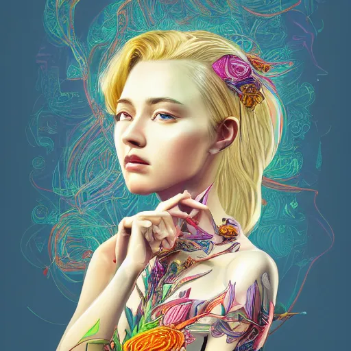 Image similar to a portrait of an incredibly beautiful, colorful, graceful, elegant, and sophisticated young blonde girl made of garlic, an ultrafine detailed illustration by james jean, intricate linework, bright colors, final fantasy, behance contest winner, vanitas, angular, altermodern, unreal engine 5 highly rendered, global illumination, radiant light, detailed and intricate environment