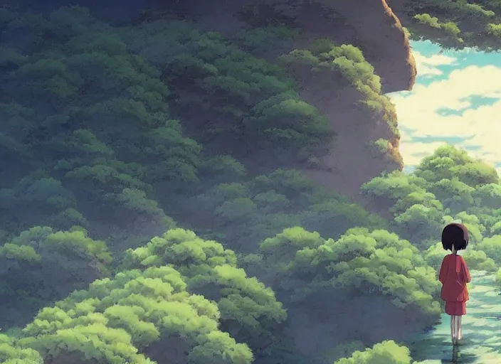 Image similar to a scene from spirited away, wide shot, peaceful and serene, incredible perspective, anime scenery by Makoto Shinkai and studio ghibli, very detailed