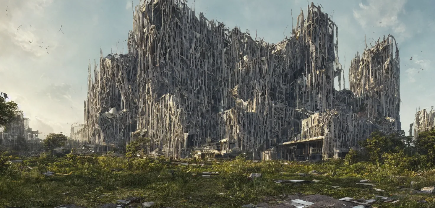 Image similar to an extremely detailed cathedral of brutalist architecture, surrounded by lush green vegetation, stunning volumetric lighting, sunset, rusted metal, concrete, translucent material, stunning skies, scattered rubbish and debris, 8k, photorealistic, hyper detailed, unreal engine 5, IMAX quality, cinematic, epic lighting, digital painting in the style of DOOM and Quake, by Greg Rutkowski, trending on Artstation