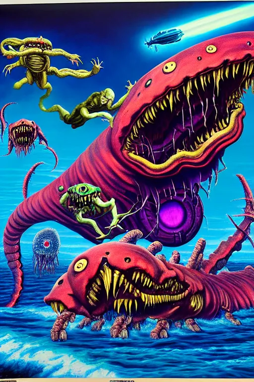 Prompt: a hyperrealistic painting of an epic boss fight against a battleship creature vs a flying biological jelly monster, cinematic horror by jimmy alonzo, the art of skinner, chris cunningham, lisa frank, richard corben, highly detailed, vivid color,