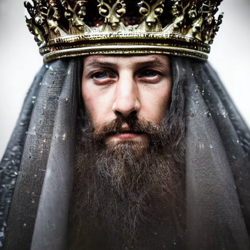 Image similar to stunning beautiful portrait photography of a medieval king with crown from national geographic magazine award winning, dramatic lighting, taken with Sony alpha 9, sigma art lens, medium-shot