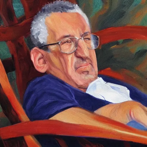 Prompt: adam sandler as a very old man sitting in a rocking chair, oil painting