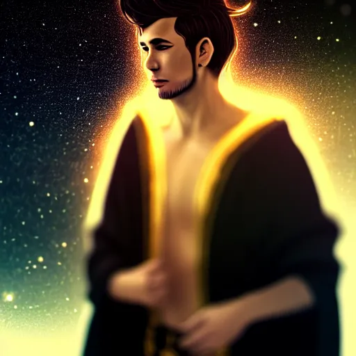 Image similar to a man with with brown hair, wearing a black robe with the tips made of gold, setting in space with a galaxy in the backround, depth of field, on amino, by sakimichan patreon, wlop, weibo high quality art on artstation