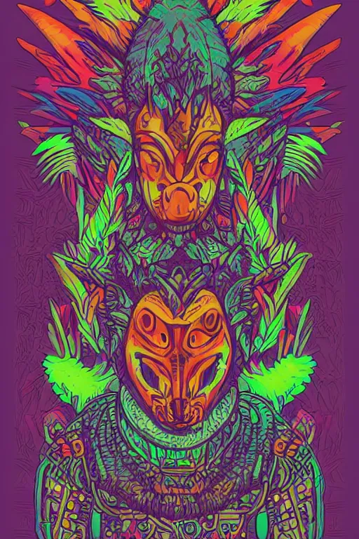 Image similar to animal mask totem roots flower tribal feather gemstone plant wood rock shaman vodoo video game vector cutout illustration vivid multicolor borderlands comics by josan gonzales and dan mumford radiating a glowing aura