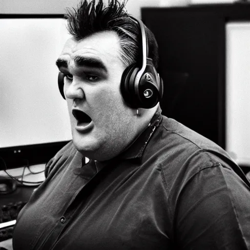 Prompt: obese Morrissey wearing a headset yelling at his monitor while playing WoW highly detailed wide angle lens 10:9 aspect ration award winning photography erasure head