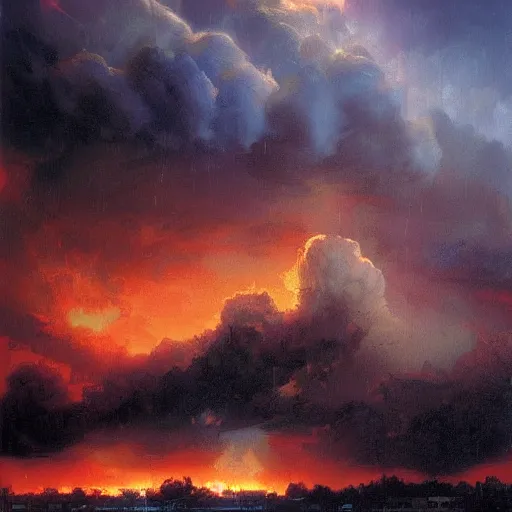 Prompt: a beautiful thunderstorm rolling over a small town, with the clouds illuminated slightly red, ominous, eerie, wayne barlow, craig mullins